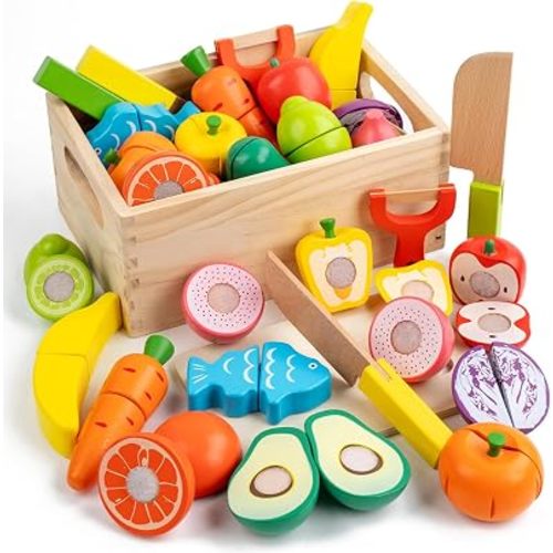 Wooden Play Food Sets for Kids Kitchen, Velcro Fruits and Vegetables Cutting Set, Fake Food Play Kitchen Accessories, Learning Pretend Play for Toddlers 3-5 Boys Girls