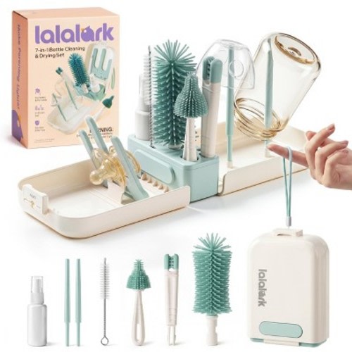 lalalark Baby Bottle Brush Set, 7-in-1 Baby Bottle Cleaner Kit with Silicone Brush, Nipple Brush,Soap Dispenser & Drying Rack, Baby Travel Essential
