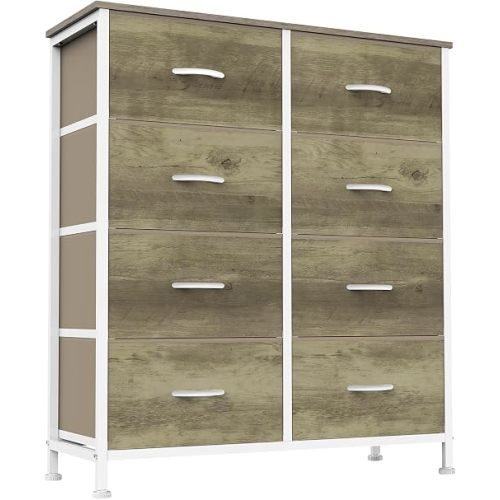 Sweetcrispy 8 Drawer Dresser for Bedroom Large Fabric Storage Tower Organizer Chest of Drawers with Metal Frame and Wooden Top for Nursery Closet Living Room Entryway, Oak Finish