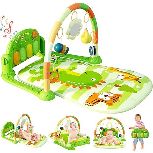 dearlomum Baby Play Mat Gym, Funny Play Piano Tummy Time Activity Mat with 5 Infant Sensory Toys, Music and Lights, Boy & Girl Gifts for Newborns 0 to 3 6 9 12 Months (Green)