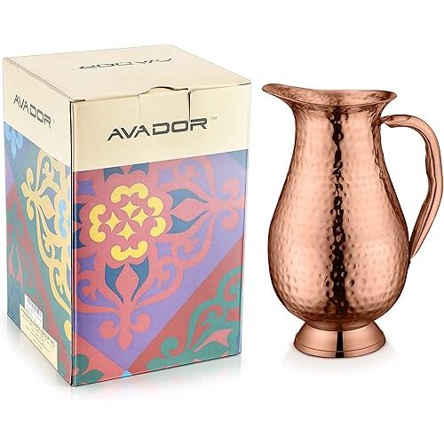 AVADOR Handcrafted 100% Pure Copper Jug Pitcher Drinkware Hammered Finish Ayurveda Health Benefit (Design 1)