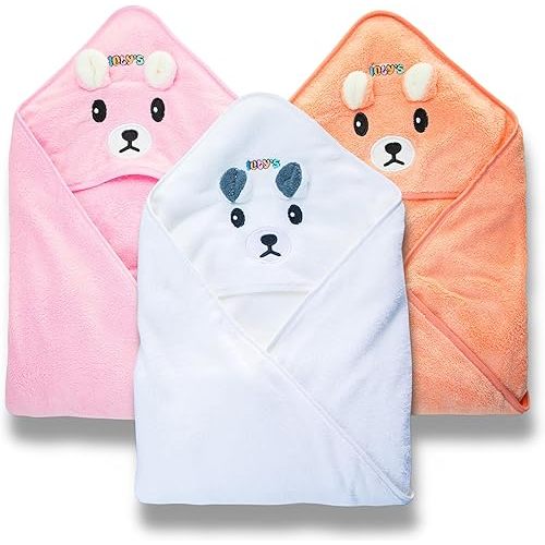Ioly's Hooded Baby Bath Towels for Newborn Essentials 41" (Large) Set 3 Towel with Hood for Kids Babies Toddler Infant Baby Towels with Hood Cosas para Bebes recien nacidos (White/Pink/Orange)