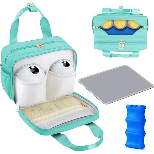 PIIOSER Breastmilk Cooler Travel Bag with Ice Pack, Compatible with Wearable Breast Pumps & Accessories - Portable Breast Pumps Carrying Case for Nursing & Working Moms (Green-Small)