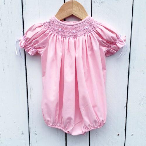 Baby Girls Pink Smocked Heirloom Bubble Hand-Smocking Pearls Ribbon Bows Infant Toddler Classic Bubble Romper Smock Outfit