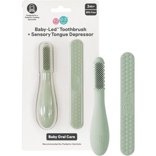 ezpz Baby-Led Toothbrush + Tongue Depressor Dual Pack (Sage) - 100% Silicone Toothbrush + Silicone/Stainless Steel Tongue Depressor - Helps Set-up Infants for a Healthy Oral Care Routine
