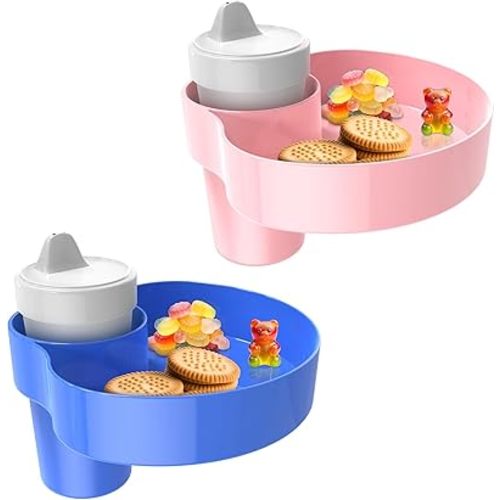 2 Pack Car Seat Cup Holder Snack Tray: Travel Tray for Kids Car Seat Food Tray for Kids Travel, Toddler Carseat Eating Plate Table, Kid Road Trip Table Essentials Accessories, Pink+Blue