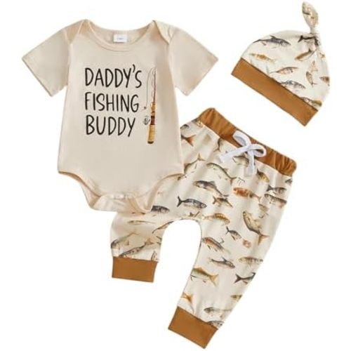 Newborn Baby Boy Summer Clothes Daddy’s Fishing Buddy Short Sleeve Romper Pants Hat 3PCS Outfit Set