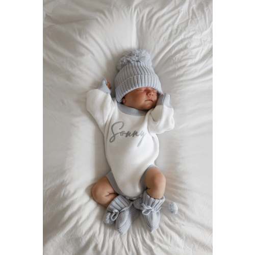 Blue and white personalised baby boy romper
