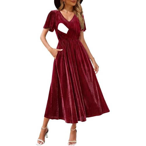 Women's Nursing Short Sleeve V Neck Velvet Maxi Dress Flowy Wedding Party Dresses with Pockets