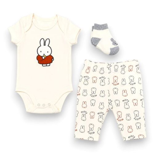 Miffy Baby Boys' 3-Piece Ultra Soft Bodysuit, Pants & Socks Layette Set, Off-White, 3 Months