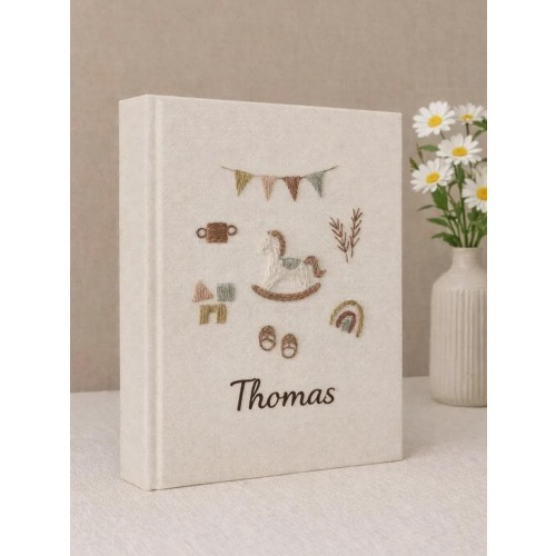 Personalized Hand Embroidered Baby Photo Album with Sleeves, Custom Keepsake Memory Book, Handmade Baby Scrapbook Gift