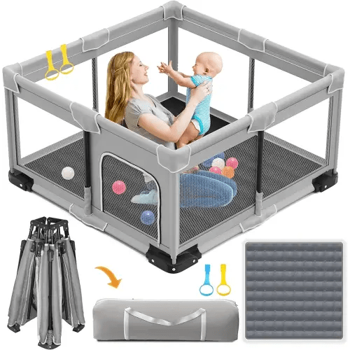 ICAREWAY Foldable Playpen for Babies and Toddlers, 50x50 Inches Portable Playpen, Kids Collapsible Play Pen with 2 Handlers, Indoor & Outdoor Baby Fence Play Area with Visible Mesh, Light Gray