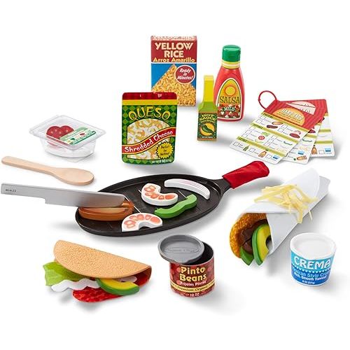 Melissa & Doug Fill & Fold Taco & Tortilla Set, 43 Pieces – Sliceable Wooden Mexican Play Food, Skillet, and More - FSC Certified