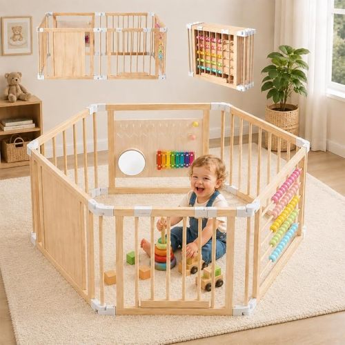 Natural Wooden Baby Playpen, Foldable Baby Safety Fence, 8 Panels