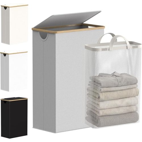 efluky Slim Laundry Basket with Lid, Narrow Laundry Hamper with Removable Bag, Skinny Dirty Clothes Basket with Bamboo Handles for Bathroom, Bedroom & Laundry Room, 75L Beige