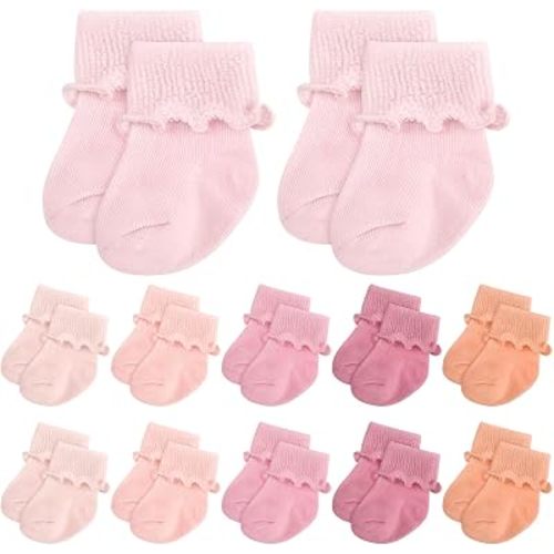 Toulite 12 Pairs Preemie Newborn Baby Ankle Socks Ruffle Turn Cuff Cotton Non-slip Warm Socks for Girls and Boys Infant