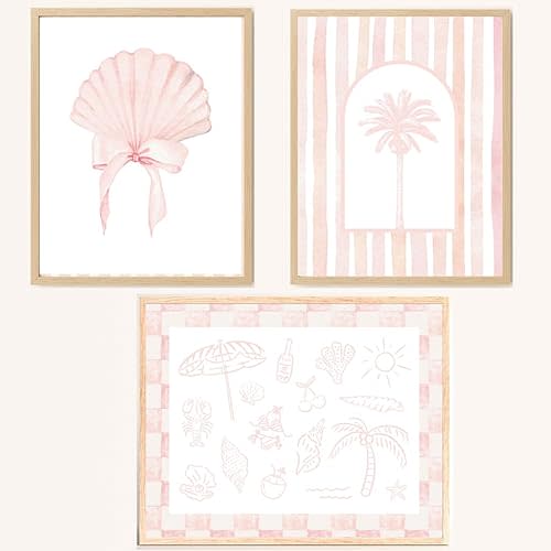 3 Pcs Pink Coastal Canvas Wall Art – Beach House Decor, Ocean Aesthetic Sea Theme Posters, Nautical Posters, Granddaughter Coquette Wall Art for Living Room, Bedroom, Dorm, Home Decoration Unframed Canvas 11"x14"