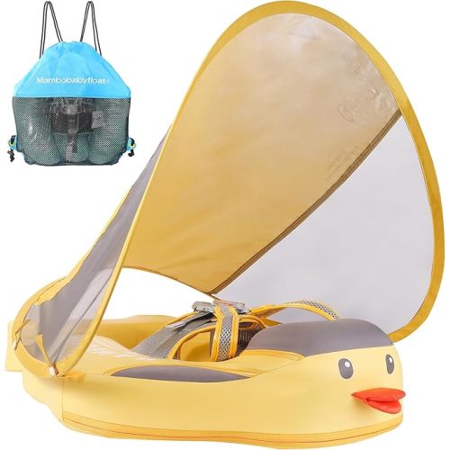 Mambobaby Float Add Tail Baby Swim Float with Canopy, Non-Inflatable Solid Baby Float, Upgrade Soft Waterproof Skin-Friendly Leather Material Infant Swim Float (Special Edition Yellow)