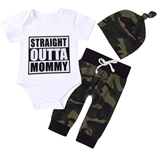 Cute 3pcs Newborn Baby Boys Letter Print Romper+Camouflage Pants+Hat Outfits Set (0-3Months, White&Outta)