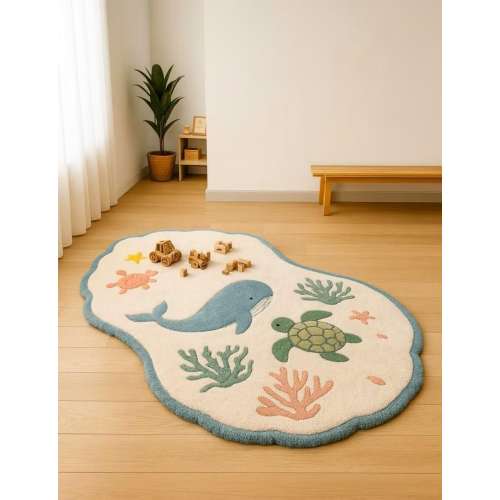 Wool Kids Rug – Ocean Theme, Whale & Turtle Nursery Carpet