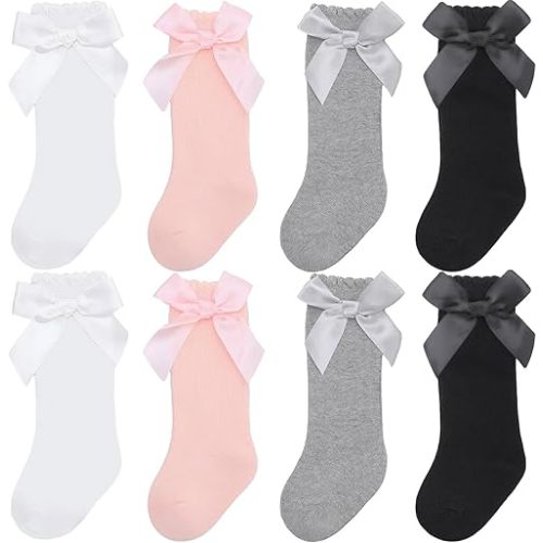 scenicamp 8 Pairs Baby Girl Knee High Socks with Bow Ruffles Toddler Soft Cotton Long Tube Stockings,0-12 Months
