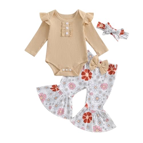 MERSARIPHY Newborn Baby Girl Clothes Ribbed Knit Ruffle Romper Bodysuit Bell-Bottom Pant Set 3Pcs Infant Fall Winter Outfits