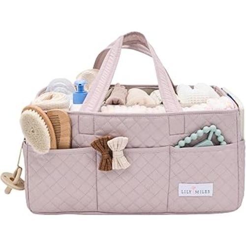 Lily Miles Baby Diaper Caddy Organizer, Quilted Nursery Storage Organizer for Newborn Essentials and Diaper Changing Station, Gift for Baby Shower and Registry Must-Have (Rosy Lilac)