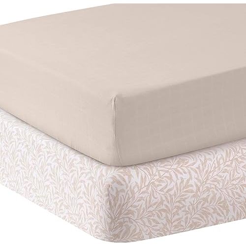 MOZAH Organic Muslin Crib Sheets - Beige and Beige Leaves - 2 Pack - Girl, Boy - Soft, Breathable Bedding for Baby Girls or Boys - Snug-Fit Fitted Sheet for Standard Cribs & Toddler Mattresses