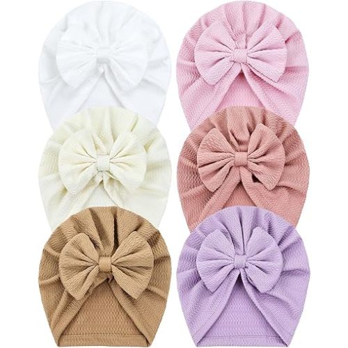 Cinaci 6 Pack Soft Turban Hats with Bow Donut Nursery Hospital Caps Beanies Bonnets for Baby Girls Newborns Infants Toddlers