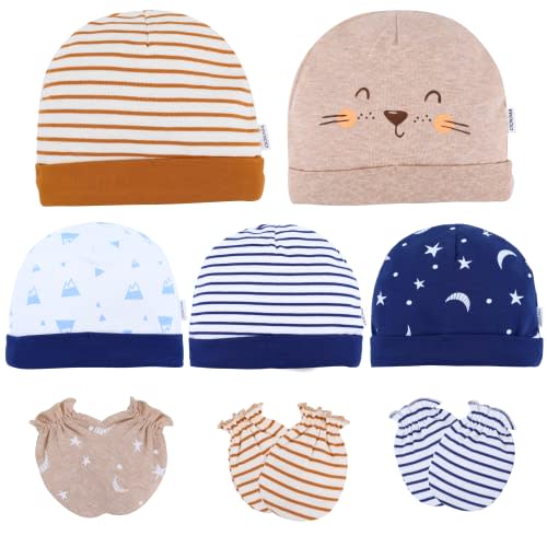 DOKMA Organic Cotton Baby Mittens and Caps Set - Mittens for Newborn 0-6 Months - Ultra Soft, No Scratch - 5 Caps x 3 Mittens
