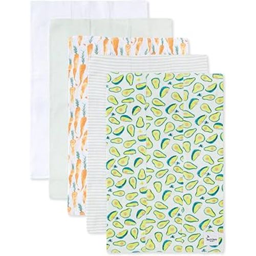 Burts Bees Baby Infant Burp Cloths, 100% Organic Cotton Extra Absorbent Soft Fabric Drool Cloths, 5-Pack Newborn Must-Have Essential Large Burping Cloths, One Size 17 x 11.75 Inches