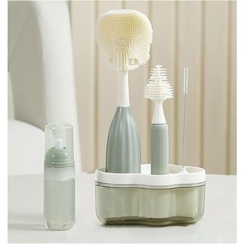 Baby Bottle Brush Kit with Push-Press Bubble and Drying Rack for Bottle Cleaning, Bendable Bottle Cleaner Brush for Baby Bottles, Breast Pumps, Nipples, Straws and More. Perfect for Home&Travel (Pink)
