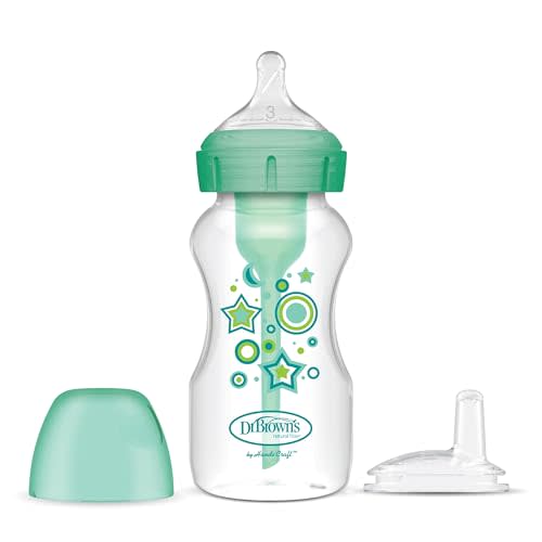 Dr. Brown’s Anti-Colic Options+ Wide-Neck Sippy Bottle Starter Kit, 9oz/270mL, with Level 3 Medium-Fast Flow Nipple and Soft 100% Silicone Sippy Spout, Green, BPA Free, 6m+