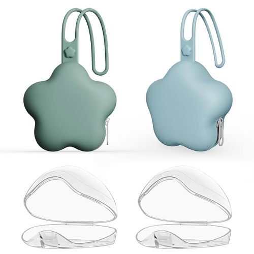 4 Pack Pacifier Holder Case,2pcs Silicone Portable Pacifier Pouch and 2pcs Transparent Nipple Holder Case Container, On-The-GO Pacifier Storage Container Box,BPA Free, Easy to Clean（Green+Blue）