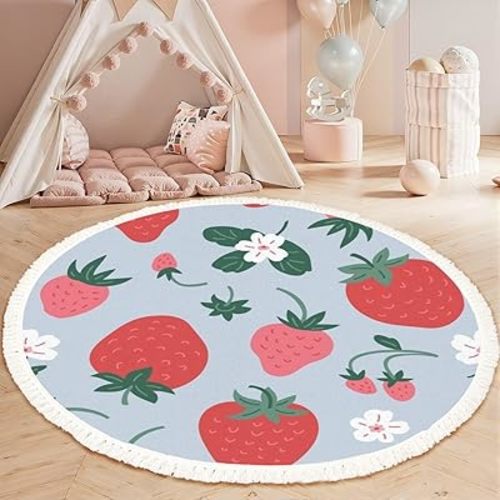 Round Rugs Seamless Pattern Strawberry Cute Flower Light Blue Berry Cute Fruit Boho Area Rug Linen and Cotton Carpet Meditation Rug Washable Hallway Runner Mat Accent Rugs for Bedroom Nursery 4ft