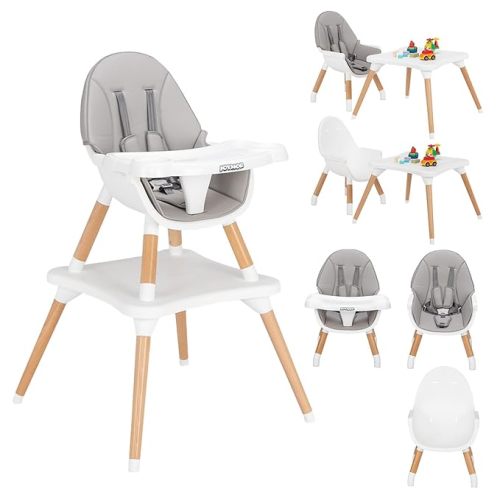 JOYMOR 5-in-1 Convertible Baby High Chair for Babies and Toddlers, Table and Chair Set, Wooden Infant Eating Highchair with Leather Seat Cushion, 4-Position Removeable & Adjustable Tray