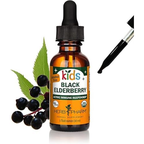 Herb Pharm Kids Certified-Organic Alcohol-Free Black Elderberry Glycerite Liquid Extract, 1 Ounce (GLKELD01)