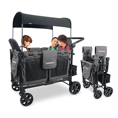 WONDERFOLD W4 Elite Stroller Wagon (4 Seater) - Collapsible Wagon Stroller with Seats with 5-Point Harnesses, Adjustable Push Handle, and Removable UV Sun Canopy, Charcoal Gray