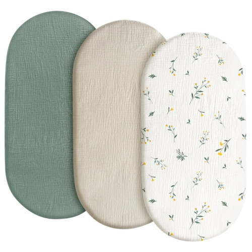 Gllquen Baby Muslin Cotton Bassinet Sheets 3-Pack for Newborn Infant Baby Boy Girls Hourglass Oval Rectangular Cradle Pad Sheets 33"X17", Leafy Green
