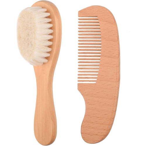 2pcs Baby Natural Wooden Handle Hair Brush and Comb Set Baby Bath Massage Beech Wool Brush Massage Brush