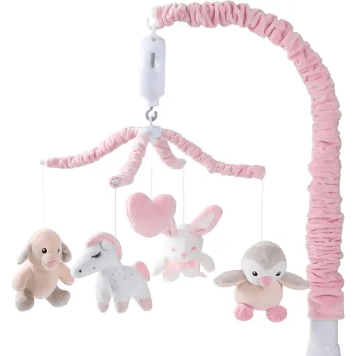JOLLITO Crib Mobile for Girls, Soft Pink Musical Baby Crib Mobile with 12 Lullabies, Rotating Arm and Detachable Plush Animal Toys, Nursery Decor Baby Mobile for Crib Toys Bassinet