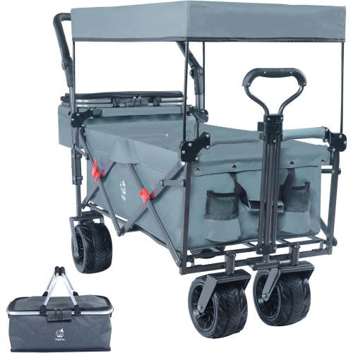 140L Collapsible Wagon with Removable Canopy, Foldable Utility Wagon with All-Terrain Wheels & Foot Brake, Telescopic Lockable Handle, 600D Oxford Fabric, with Cooler Bag