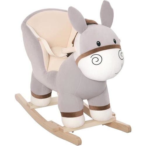 Qaba Kids Rocking Chair, Plush Ride On Rocking Horse Donkey with Sound, Wood Base Seat, Safety Belt, Baby Toddler Rocker Toy for 18-36 Months, Gray