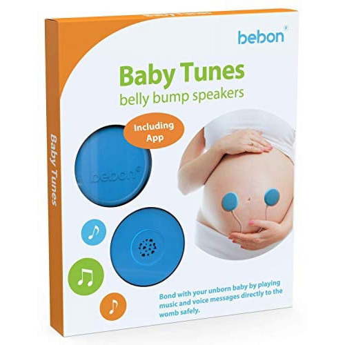 baby-bump headphones - plays and shares music, sound and voices to the womb - premium baby bump speaker system - including bebon tunes app (ios and android) (blue)