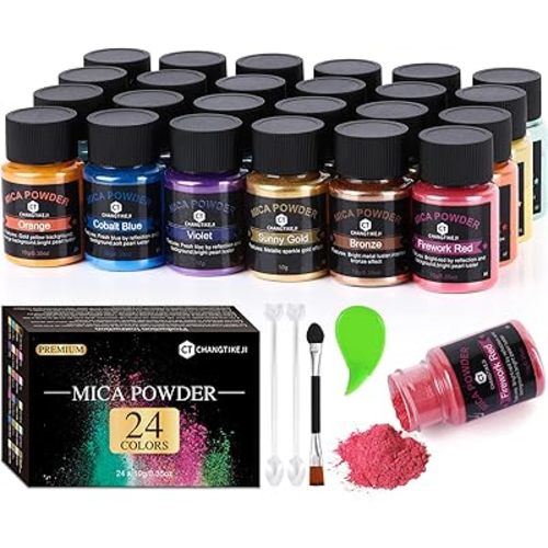 CHANGTIKEJI Mica Powder，24 Colors - 10g/Bottle of Natural Pigment Powder for Epoxy Resin，Soap Making，Candle Making,Lip Gloss,Car Freshies,Dye,Nail Polish,Bath Bombs