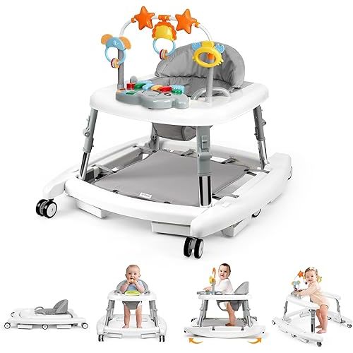 5 in 1 Baby Walker Foldable Music and Lights with 5 Adjustable Heights, Baby Walker with Wheels Portable, Infant Toddler Walker for Baby Boy Girls 6-18 Months (White)