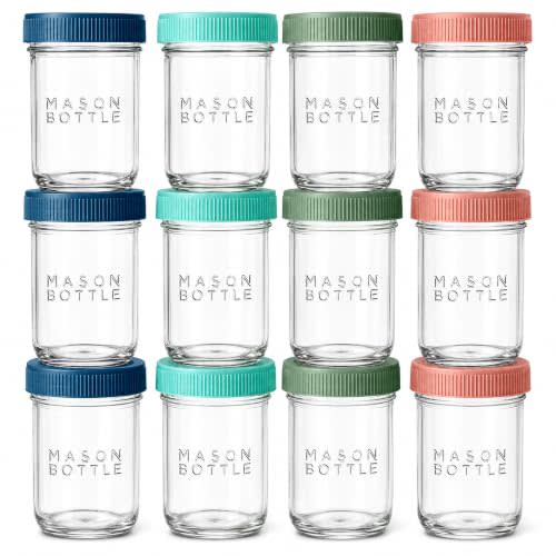 Mason Bottle Glass Breastmilk Storage Jars with Airtight Lids, 8oz,12-Pack | Deep Ocean Lead-Free Glass Jars, Airtight Leakproof Lids, Stackable, Freezable For Breast Milk, Baby Food Storage Containers
