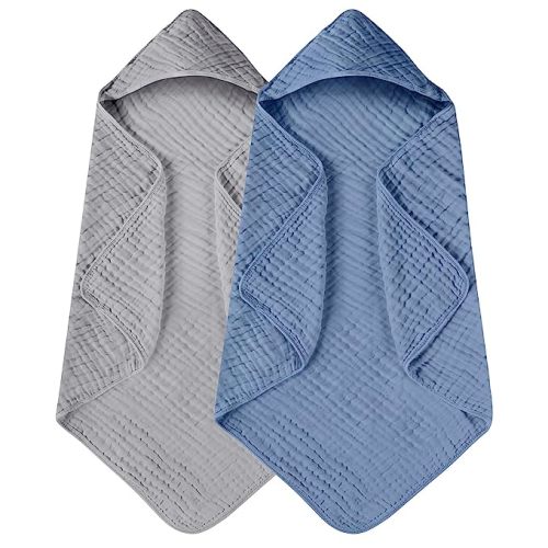 Yoofoss Hooded Baby Towels for Newborn 2 Pack 100% Muslin Cotton Baby Bath Towel with Hood for Babies, Infant, Toddler and Kids, Large 32x32Inch, Soft and Absorbent Newborn Essential - Grey and Dark Blue