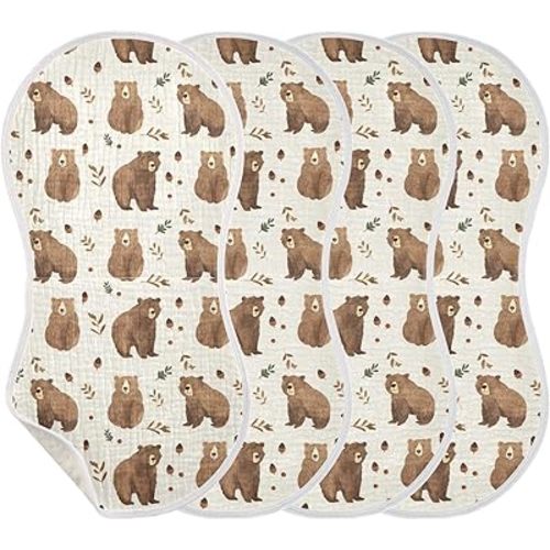 Cute Brown Bear Pattern Burp Cloths 4 Pack Muslin Burping Cloth Cotton Burp Towel Soft Absorbent Baby Burp Cloths for Boys Girls Newborn 22 x 11 in