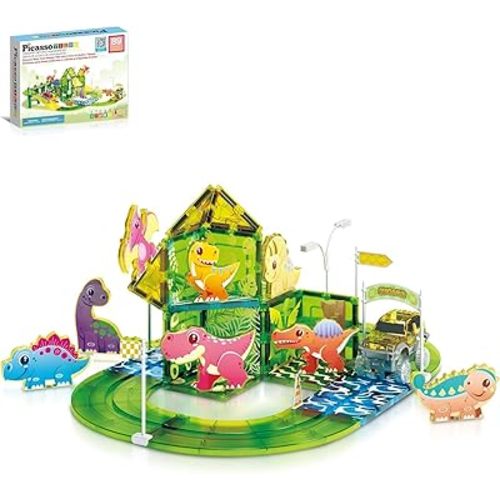 PicassoTiles Dinosaur Magnetic Tiles Racecar Track with 8 Magnet Tile Dino Toys 2 Cars Street Sign Accessory Kit Construction Building Blocks Educational Picasso Toy for Kids Ages 3 and up PTR02